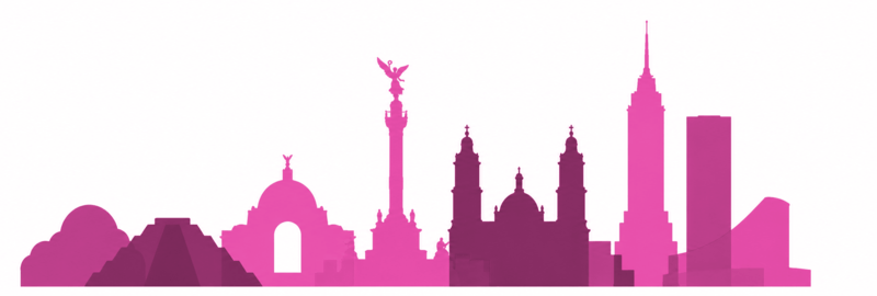 Pink silhouette of a city skyline featuring domed and tall landmark buildings from historic to modern times, against a white background.