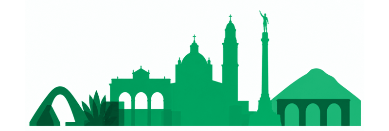Green vector skyline featuring stylized world landmarks, including arches, domes, towers, and a statue on a pedestal.