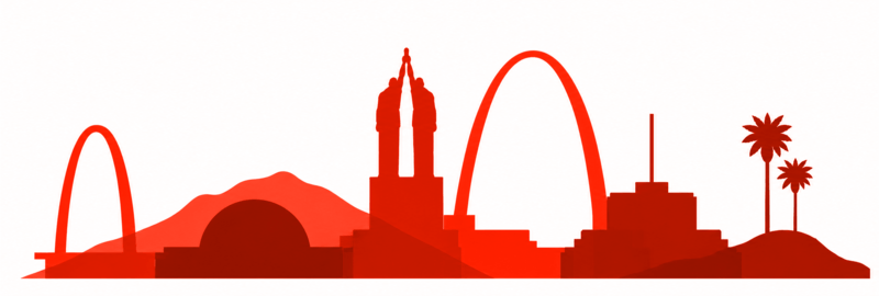 Red silhouette of a city skyline with arches, hills, and palm trees, a distinctive central twin-spire building visible in the middle range.