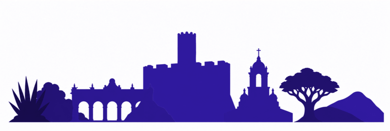 Purple silhouette of a historic city skyline featuring a castle, arches, a church tower, a tree, and a hill against a white background.