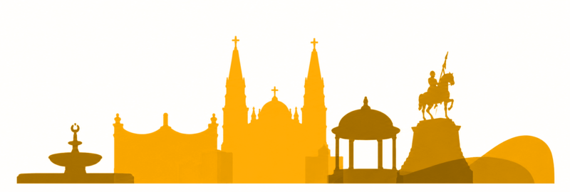 Orange silhouette skyline featuring church spires, domed building, a gazebo, a statue on horseback, and curved architectural shapes.
