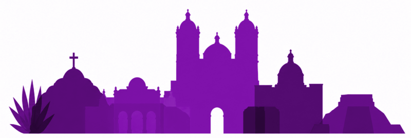 Purple silhouette of a city skyline with domed churches, arches, and a pyramid-like building; plant shapes on the left.