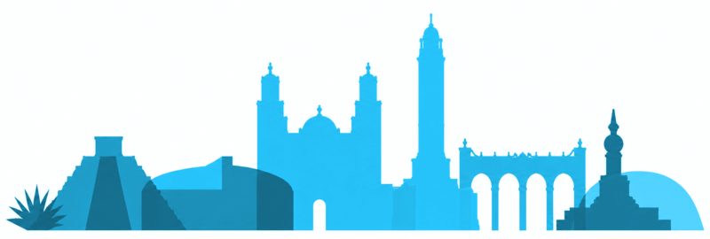 Blue silhouette of a city skyline with domed buildings, arches, and a palm-like plant on the left.