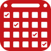 Red calendar icon with a grid and two check marks, suggesting completed dates or tasks scheduled on the calendar.