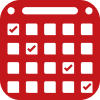 Red calendar icon with a grid and two check marks, suggesting completed dates or tasks scheduled on the calendar.