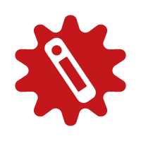 Red spiky badge with a white pipette icon in the center.
