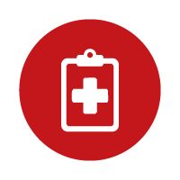 Medical clipboard icon with a white cross on a red circular background in the center.