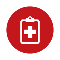 Medical clipboard icon with a white cross on a red circular background in the center.
