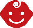 Red cartoon smiley face with a swirl on top and a friendly expression.