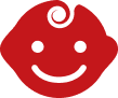 Red cartoon smiley face with a swirl on top and a friendly expression.