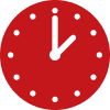 Red circular clock icon with black hands showing about 1:00 (no numbers).