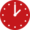 Red circular clock icon with black hands showing about 1:00 (no numbers).