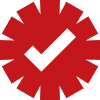 Red gear-shaped badge with a central checkmark indicating verified/approved status.