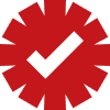 Red gear-shaped badge with a central checkmark indicating verified/approved status.