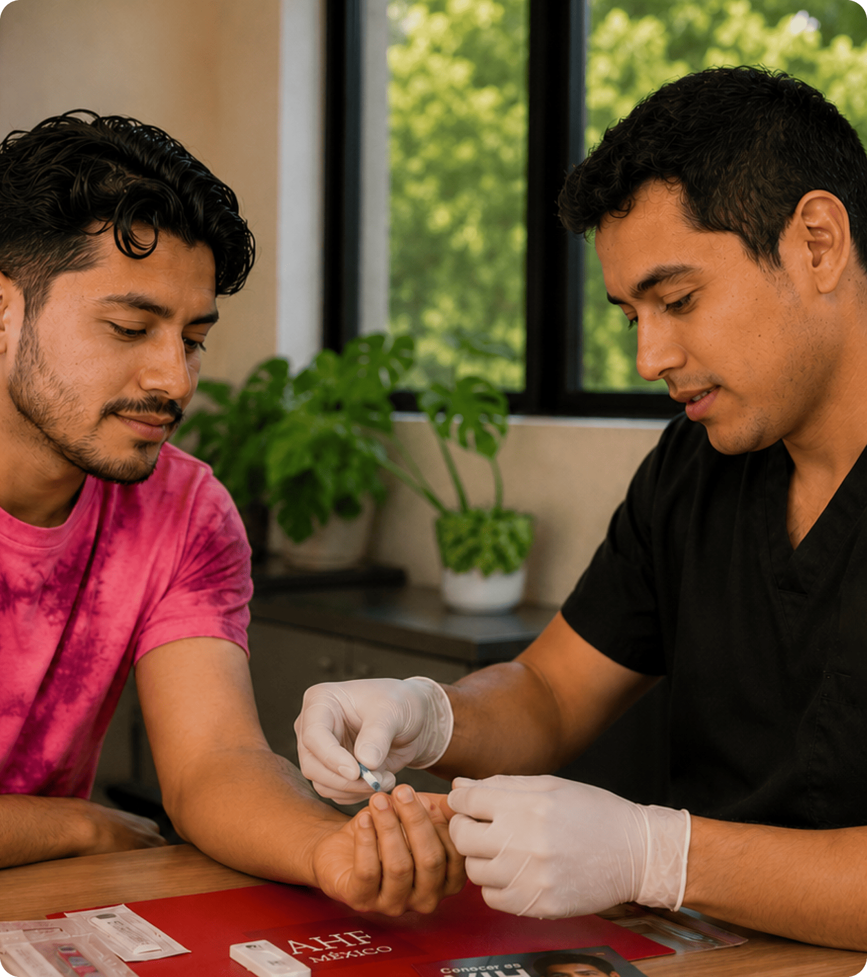 Two men sit at a table for a finger-prick test; one in a pink shirt watches as a person wearing gloves pricks his finger, with pamphlets on a red mat nearby.